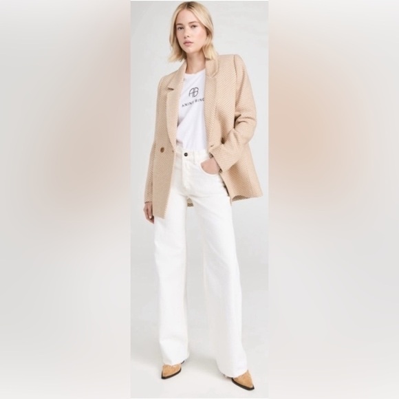 Anine Bing | Fishbone Double Breasted Tan & Cream Blazer Jacket Wool Blend XL - Picture 4 of 11